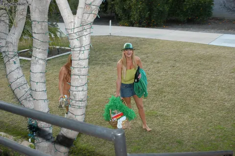 Janet Mason: Busty Blonde MILF and Slim Redhead Strip Out of Their Uniform Dresses Outdoors – photo 15 of 16