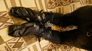 PAWG Brunette in Leather Escapes Cuffs and Spreads