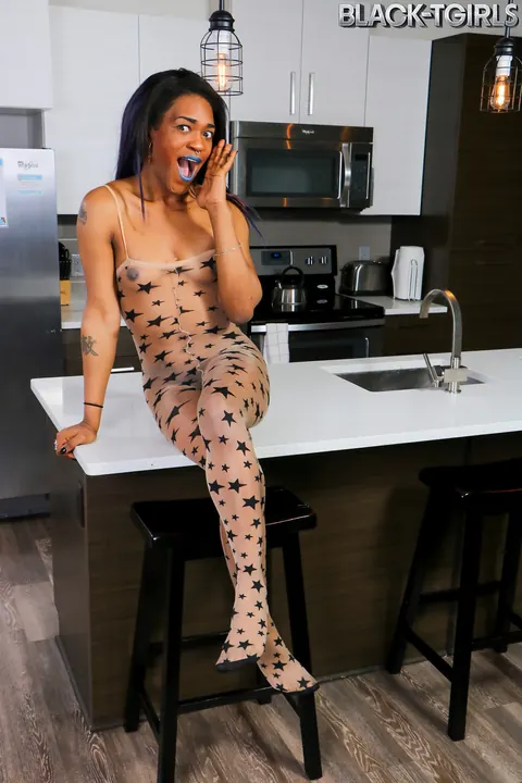 Ebony Trans Woman Strokes Her Cock in Lingerie and Heels – photo 2 of 16