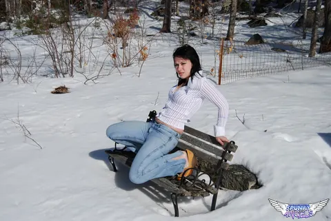 Emily Love: Brunette with Natural Tits Poses in Jeans Outdoors – photo 2 of 12