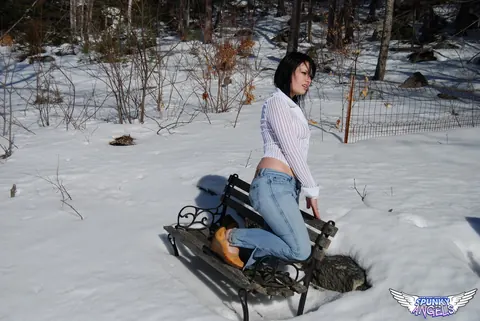 Emily Love: Brunette with Natural Tits Poses in Jeans Outdoors – photo 4 of 12