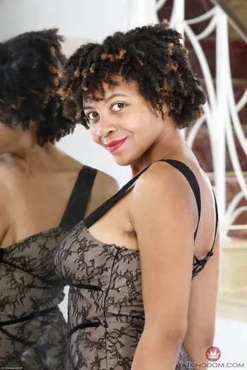 Slim Ebony Babe with Hairy Pussy Spreads Wide