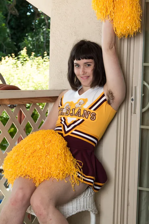 Short-Haired Brunette in Cosplay Skirt Shows Hairy Armpits and Pussy – photo 4 of 17