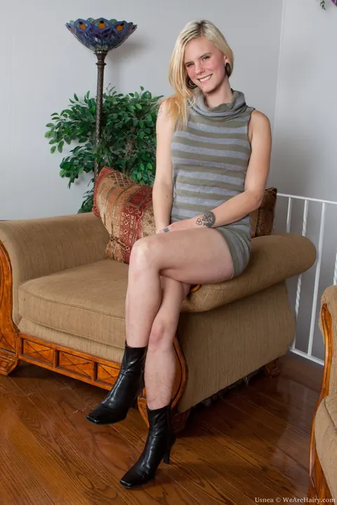 Thick Blonde Shows Her Hairy Pussy on a Chair – photo 1 of 11