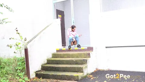 Adele Unicorn: Skinny European Brunette Lowers Jeans to Pee Outdoors – photo 4 of 15