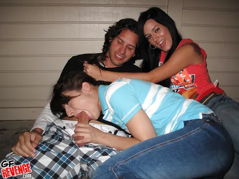 Lexi Bloom: Brunette in Jeans Sucks Cock and Takes Anal in a Threesome – photo 7 of 16