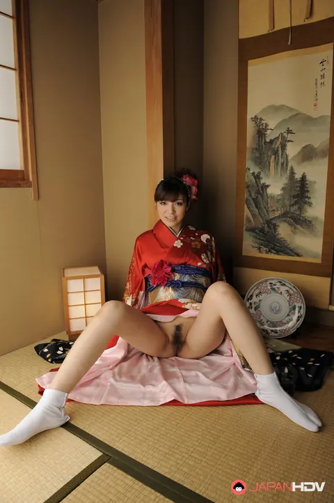 Sakura Aoi: Busty Japanese Brunette Opens Her Kimono to Show Her Hairy Bush – photo 15 of 15
