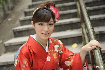 Busty Japanese Brunette Opens Her Kimono to Show Her Hairy Bush