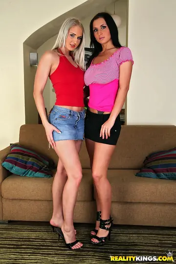 European Babe and Busty Friend Pose Topless in Skirts and Heels