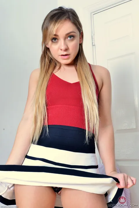 Cleo Vixen: Blonde in a Skirt Strips and Spreads Her Shaved Pussy – photo 1 of 21