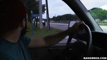 Ebony Brunette Sucks Cock and Gets Fucked Doggy Style in a Car