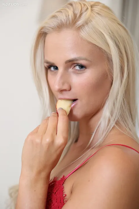 Katy Sky: Busty Blonde in Shorts and Pink Socks Fingers Her Shaved Pussy – photo 5 of 18