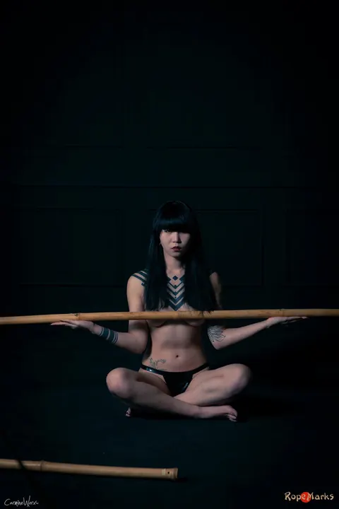Asian Brunette with Tattoos Bound to Bamboo Poles in Panties – photo 2 of 16