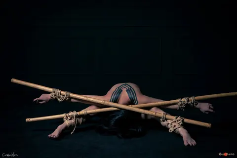 Asian Brunette with Tattoos Bound to Bamboo Poles in Panties – photo 16 of 16