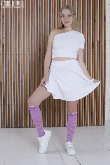Blonde Strips Out of Her Skirt and Spreads