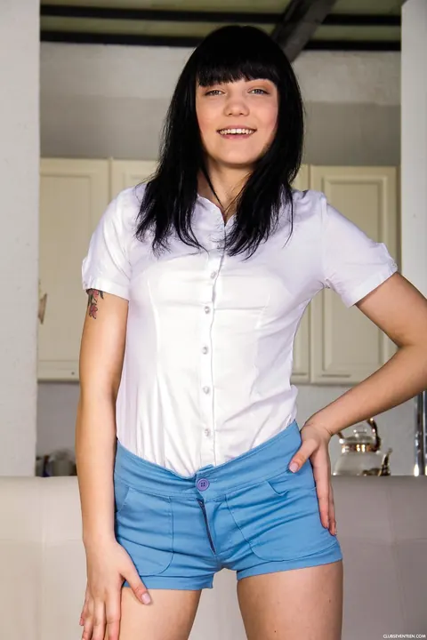 Tetti Dew Korti: Petite Russian Brunette Strips Out of Her Shorts and Panties – photo 5 of 21