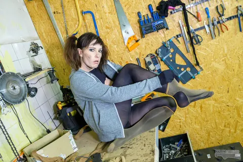 Busty Brunette in Pigtails Wears a Strap-On with Jeans and Pantyhose – photo 3 of 16