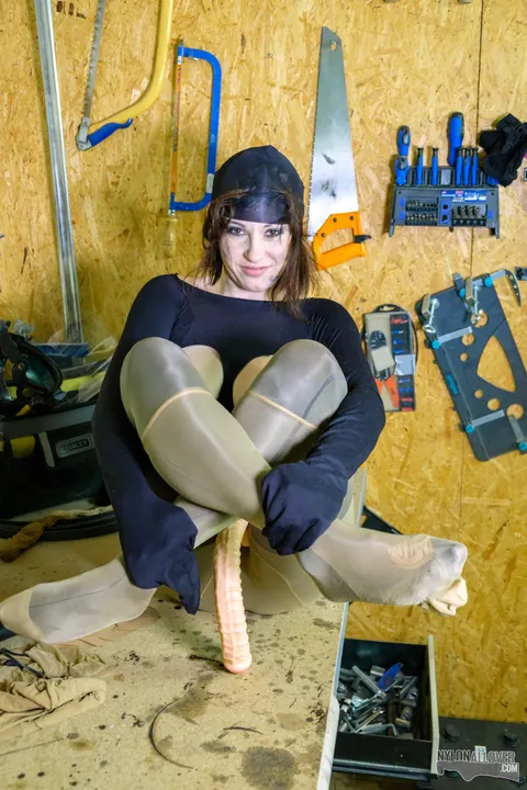 Busty Brunette in Pigtails Wears a Strap-On with Jeans and Pantyhose – photo 15 of 16