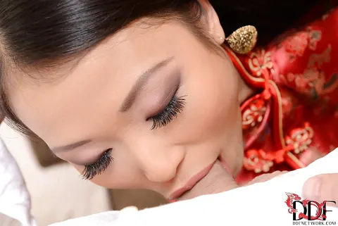 PussyKat: Asian Brunette Pulls Aside Her Skirt and Gives a Blowjob – photo 11 of 16